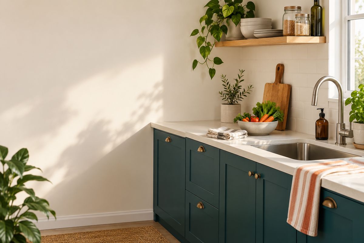 Sunlit kitchen with teal cabinets and a cream counter